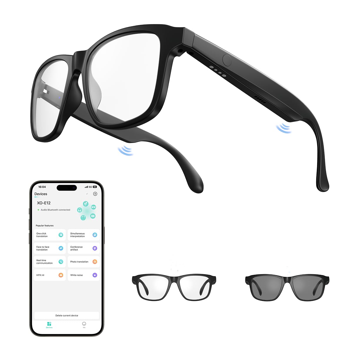 XO front packaging showing smart glasses and features, clear product overview benefit
