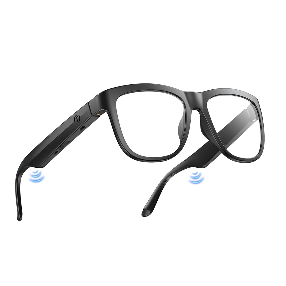 XO front view of smart glasses showing sleek frame and open-ear audio benefits