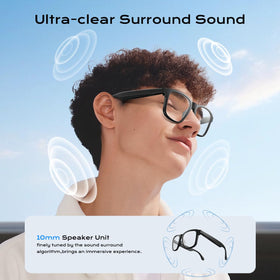 XO lifestyle shot outdoors wearing XO glasses for eye protection and hands-free calls benefit