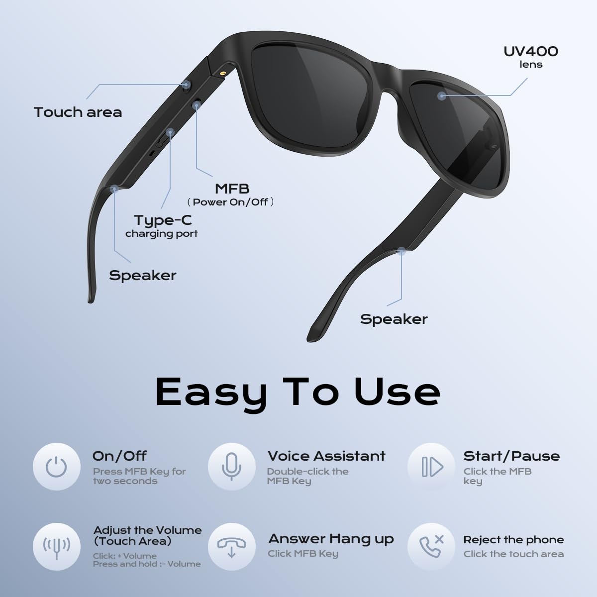 XO Simple touch controls for volume, tracks, and voice assistants