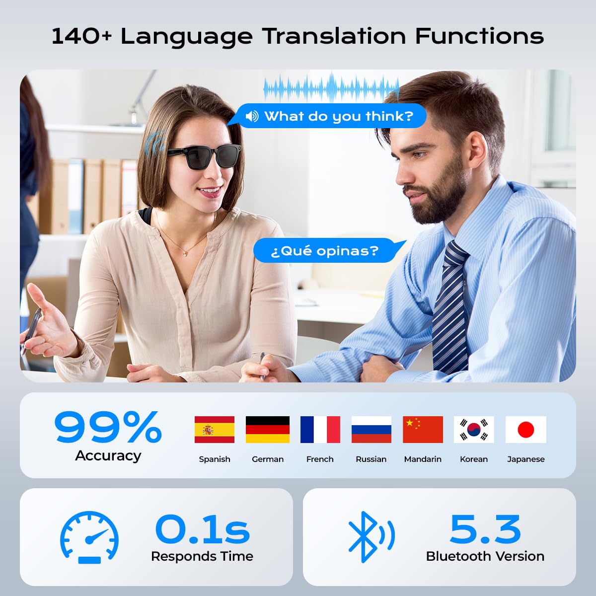 XO Simple Glasses provide real-time translation across 140 languages for smooth conversations abroad.