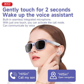 XO Smart Bluetooth glasses in purple frames for stylish outdoor wear.