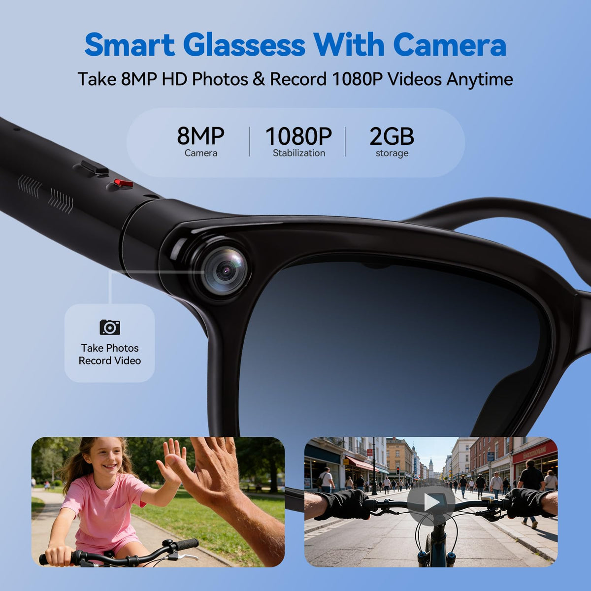 XOOMEER AI glasses show 8MP camera for crisp photos on the go