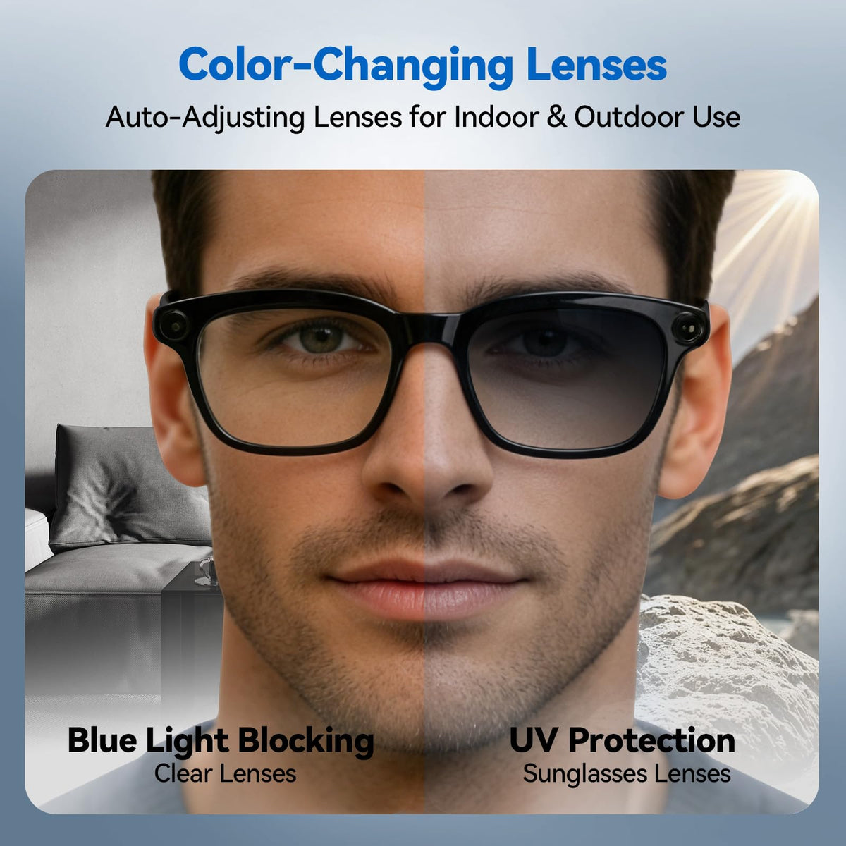 XOOMEER AI glasses feature photochromic lenses for indoor to outdoor use