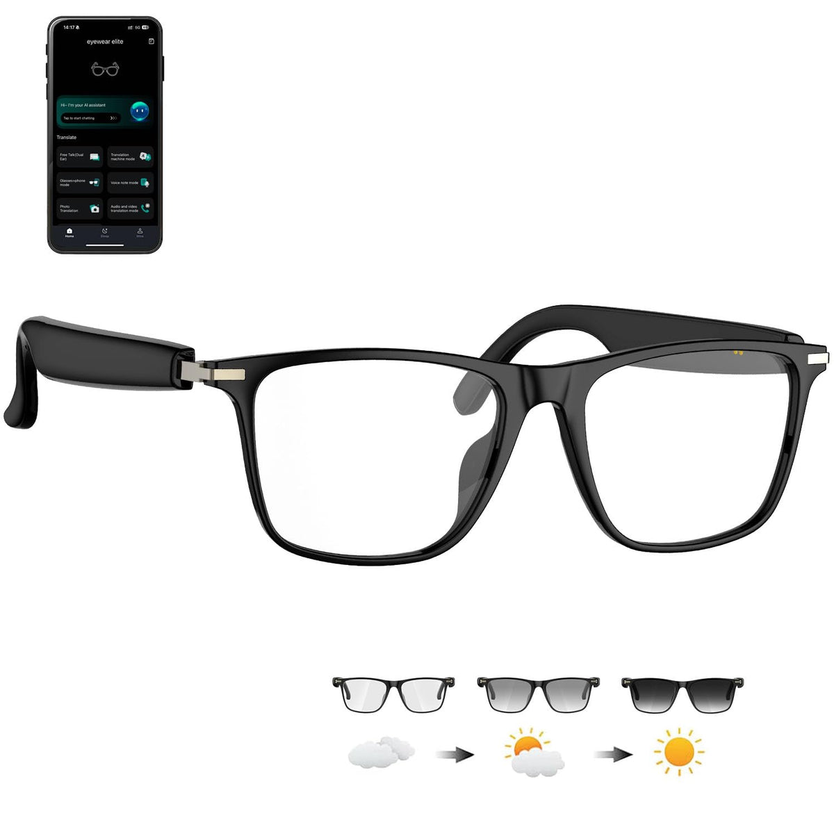 XOOMEER AI Smart Glasses front view showing translation capability in daily life.