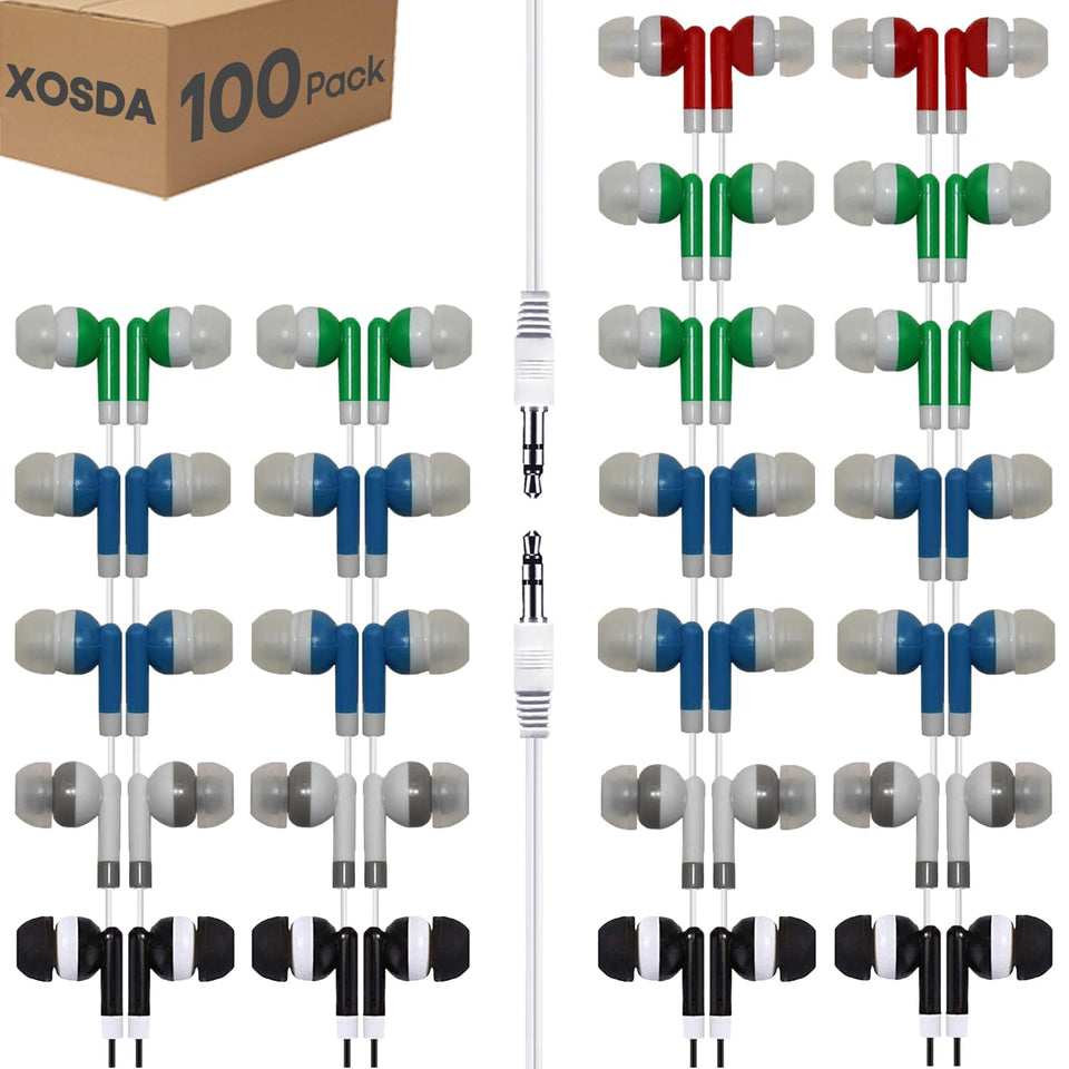 XOSDA 100-pack classroom earbuds in multicolor design for shared devices.