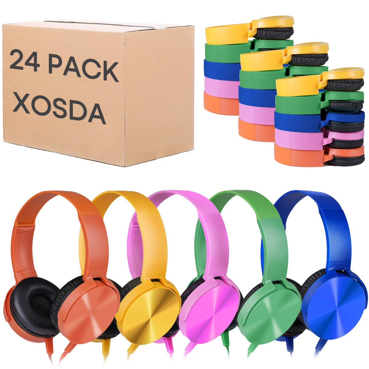 XOSDA bulk classroom headphones 24-pack in vibrant colors, ideal for shared devices.