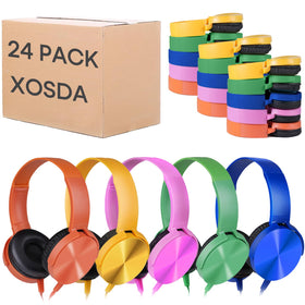 XOSDA bulk classroom headphones 24-pack in vibrant colors, ideal for shared devices.