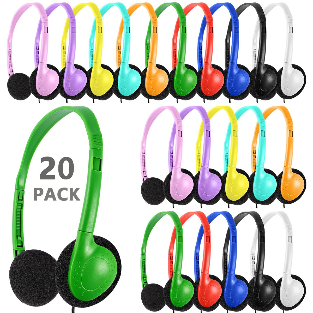 XOSDA classroom headphones, 20-pack, colorful variety for classrooms and testing