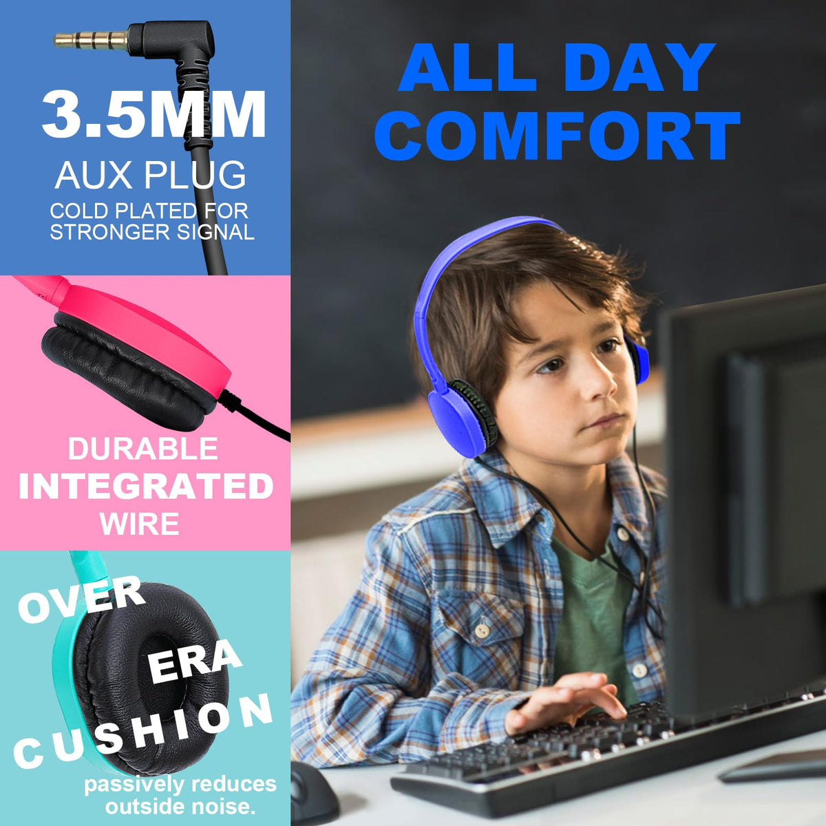 XOSDA kids headphones with soft ear cushions provide comfortable wear during long lessons.