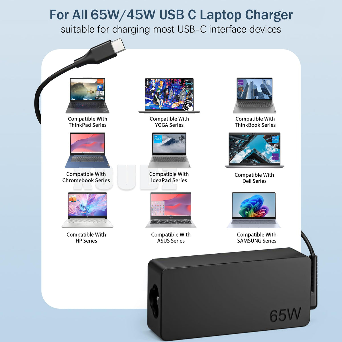 XOUBZ package includes 65W adapter and AC power cable.