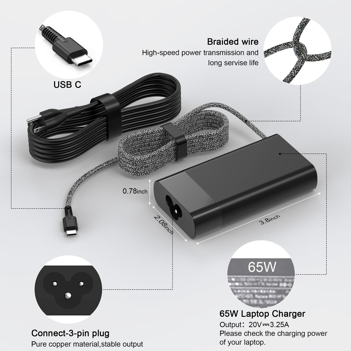 XOUBZ 65W USB-C compatible with Spectre X360 for versatile work setups.