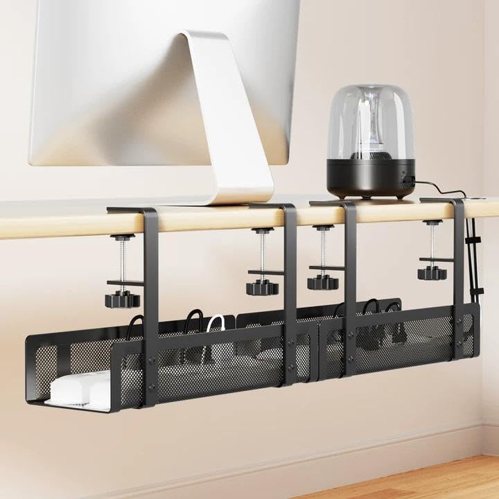 Xpatee front view of two black under-desk trays showing compact storage benefit