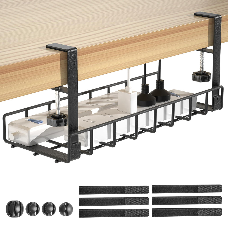 Xpatee under-desk cable tray clamp attachment secures to desk frame without drilling.