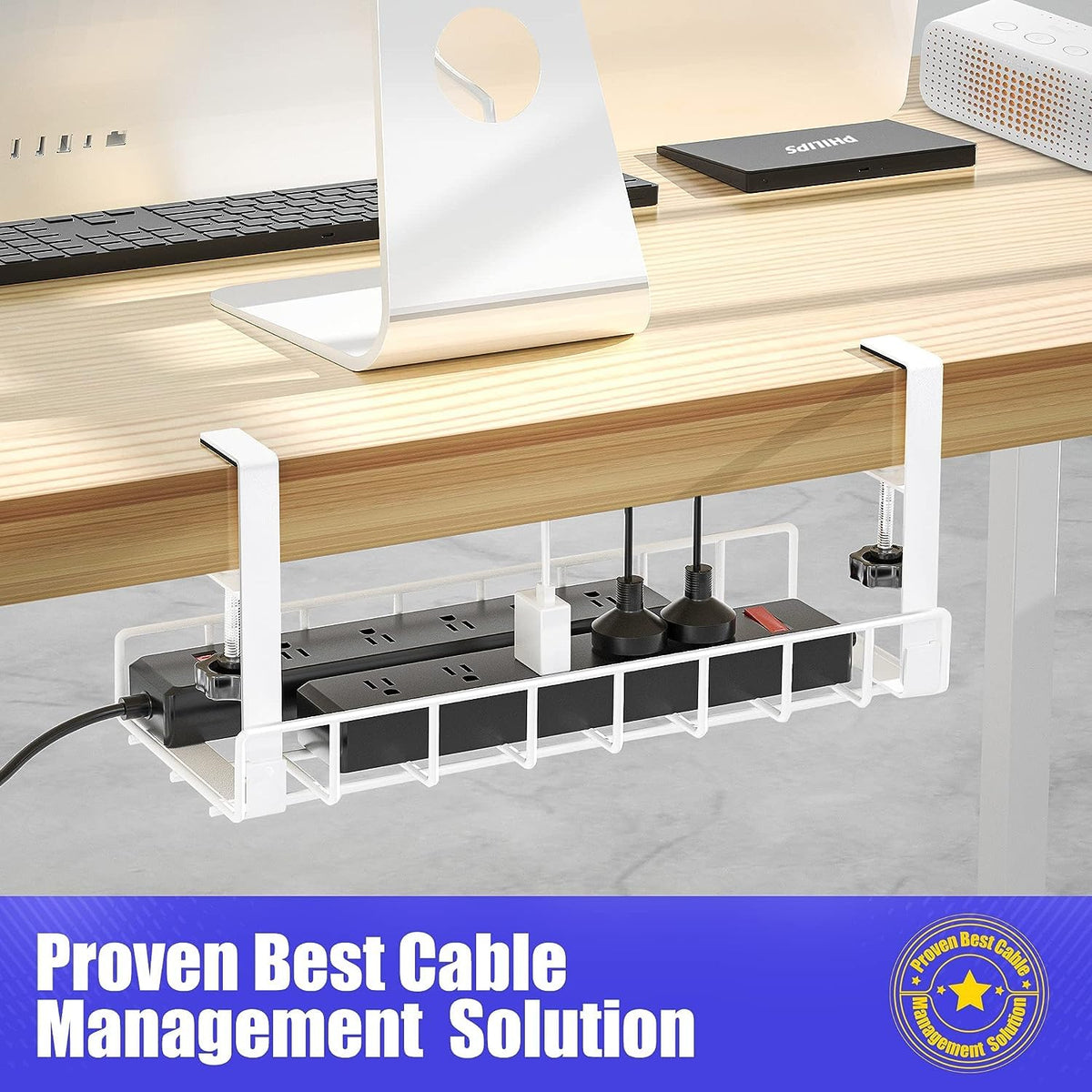 Xpatee white metal tray complements office decor while clearing clutter