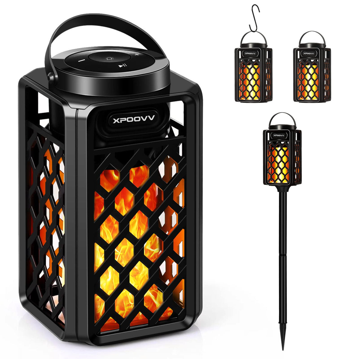 Xpoovv front view showing lantern speaker and LED flame, creates mood lighting