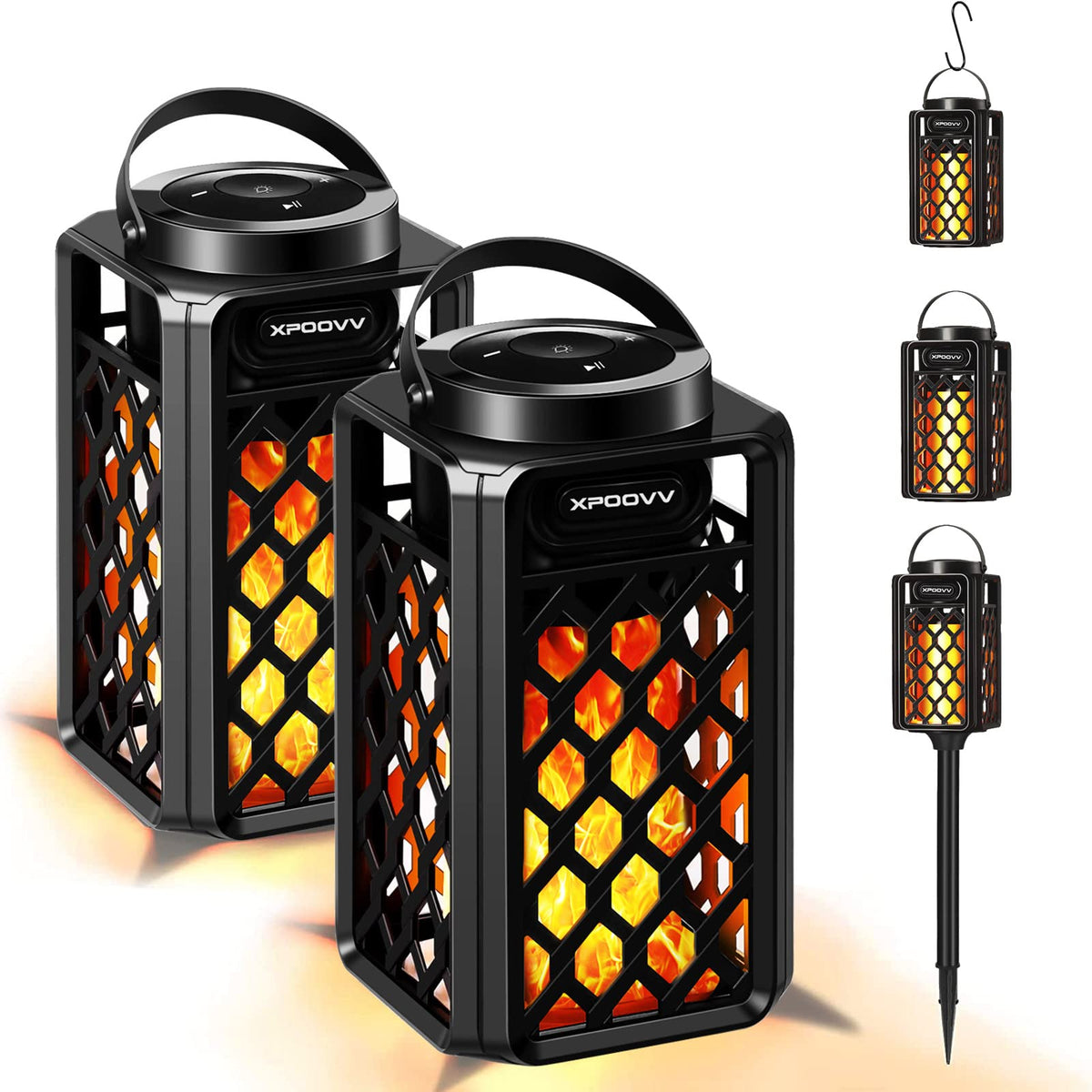 Xpoovv LED flame speaker 2 pack glows with a realistic flame for outdoor gatherings.
