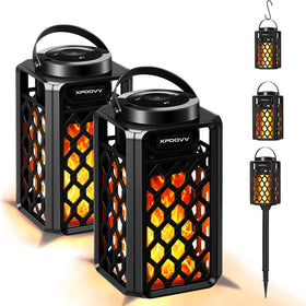 Xpoovv LED flame speaker 2 pack glows with a realistic flame for outdoor gatherings.