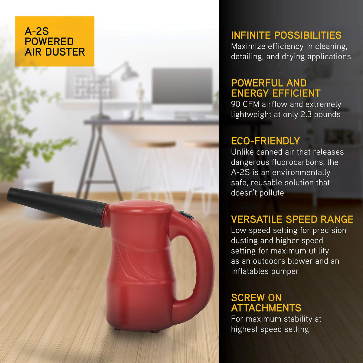 XPOWER close-up of narrow nozzle highlighting focused airflow for precise dust removal