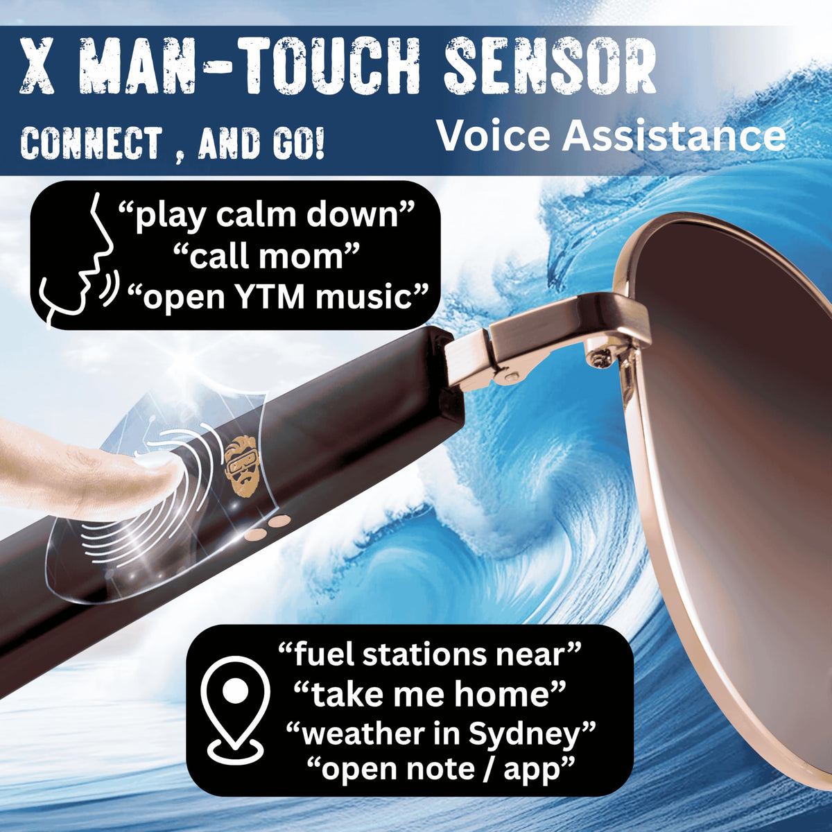 XR Loud touch sensor on temple close-up showing easy controls and quick voice commands