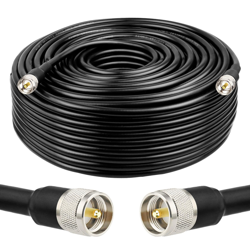 XRDS-RF 200ft KMR 400 coaxial cable with PL-259 connector for low-loss ham radio links.