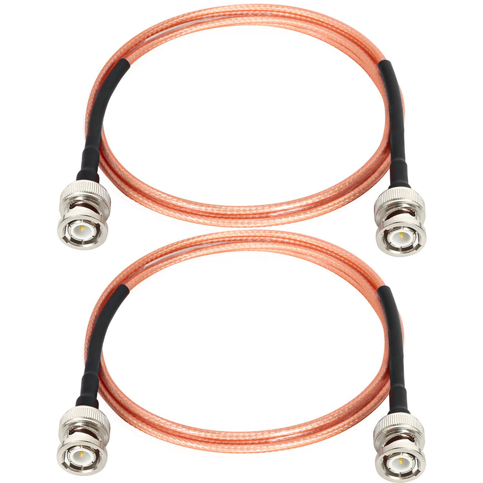 XRDS -RF front view of two 4ft BNC cables showing connectors and packaging benefit clear identification