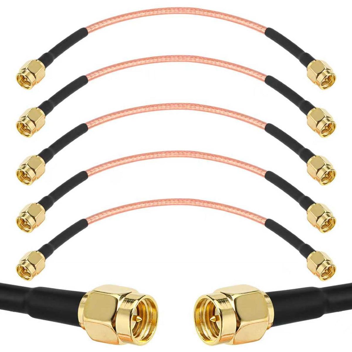 XRDS-RF SMA male to SMA male 6-inch cable assembly showing secure connectors for tight spaces