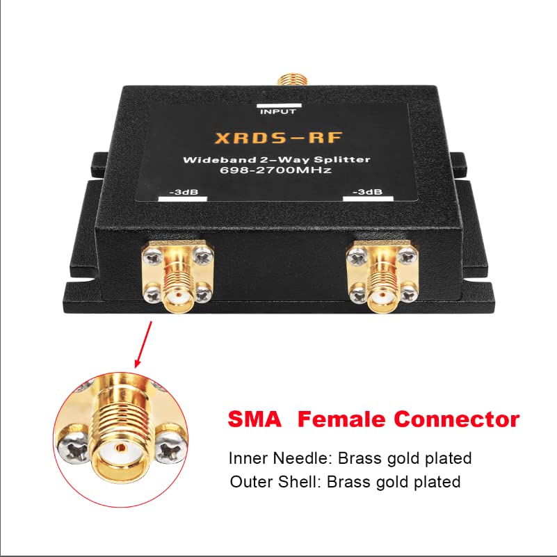 XRDS-RF wide-band 2-way splitter close-up of gold-plated SMA female ports
