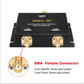 XRDS-RF wide-band 2-way splitter close-up of gold-plated SMA female ports