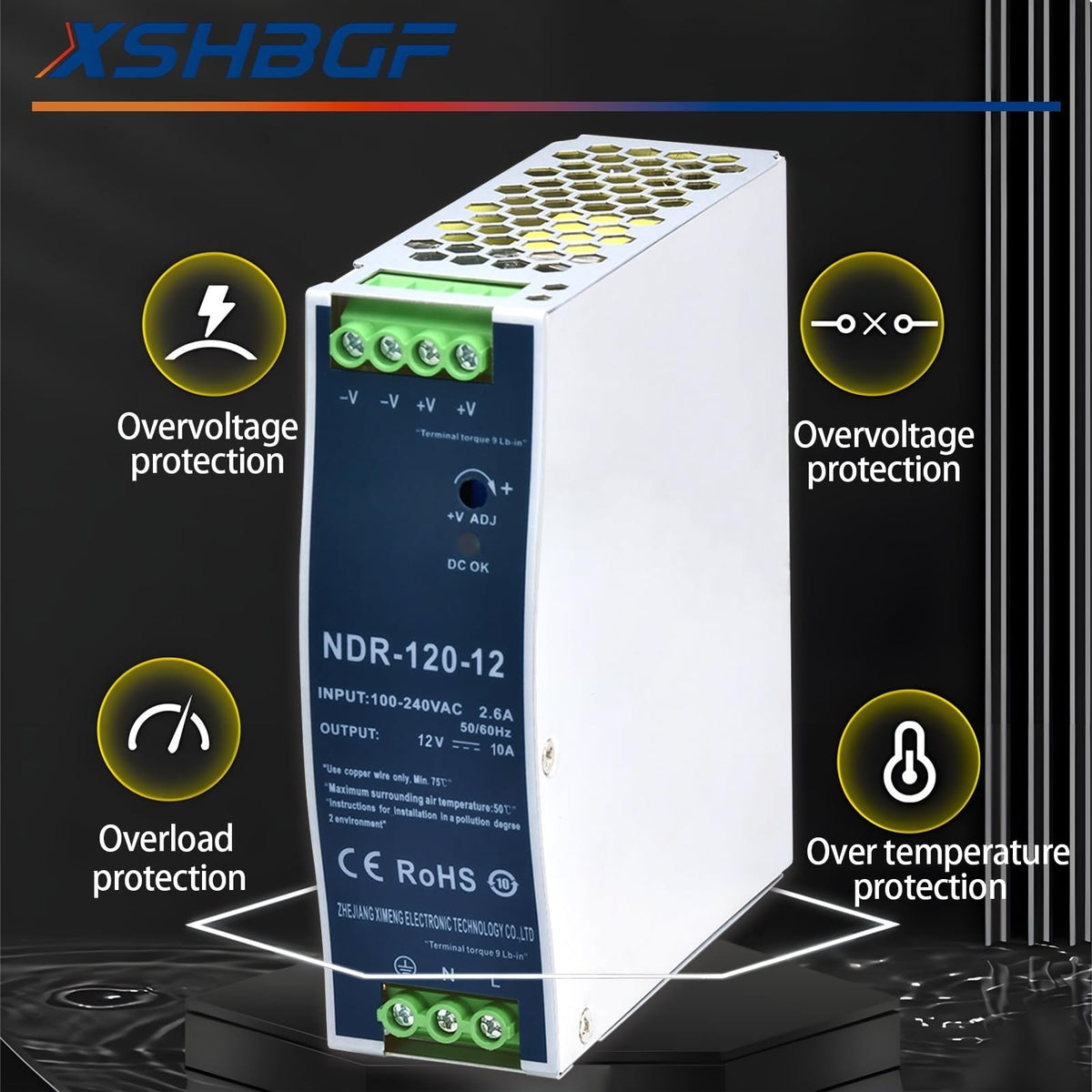 XSHBGF NDR-120-12 output connectors enabling clean wiring in panels.
