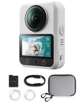 Xtra Edge Xtra 360 camera front view highlighting rugged build for outdoor filming.