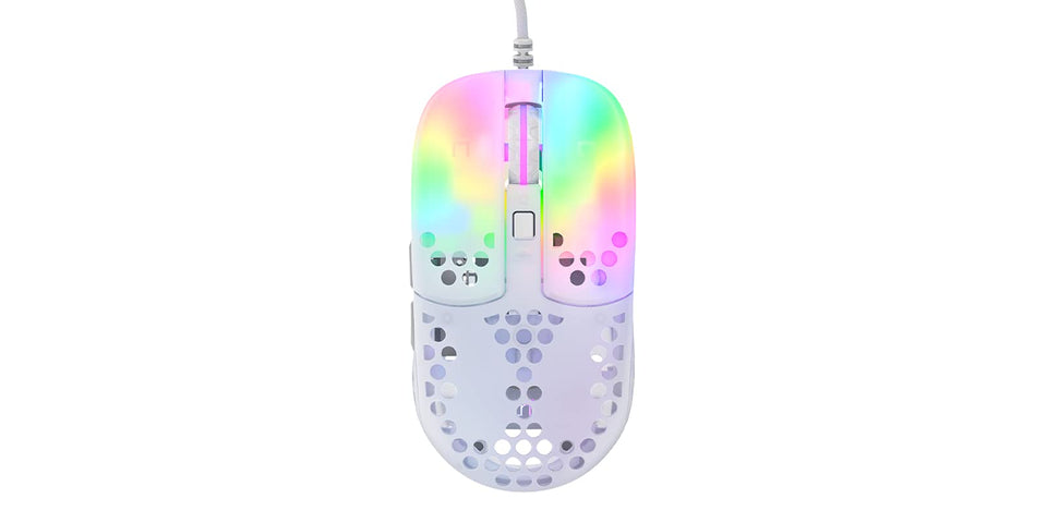 Xtrfy MZ1 front view showing white rail design and ergonomic benefit
