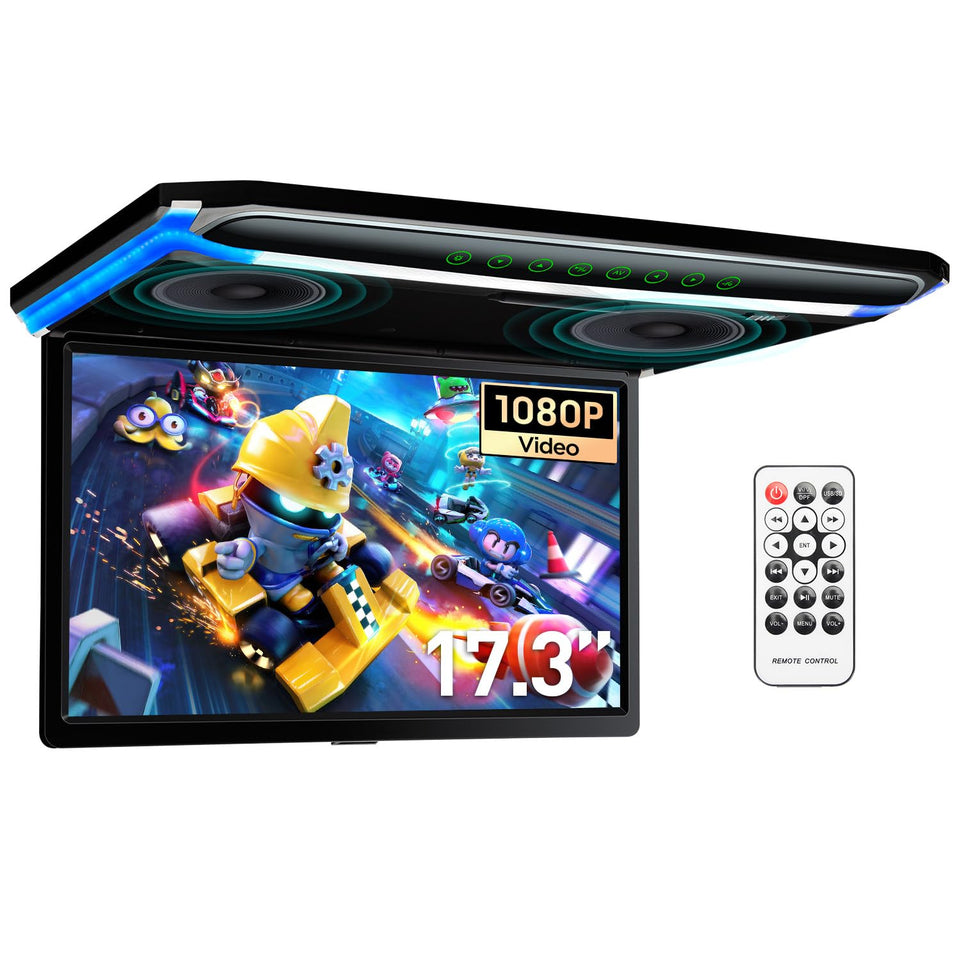 XTRONS 17.3-inch overhead monitor for rear-seat entertainment with HDMI support.