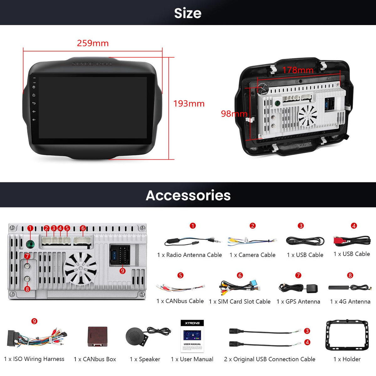 XTRONS Renegade OBD2 and DVR features for vehicle data and security.