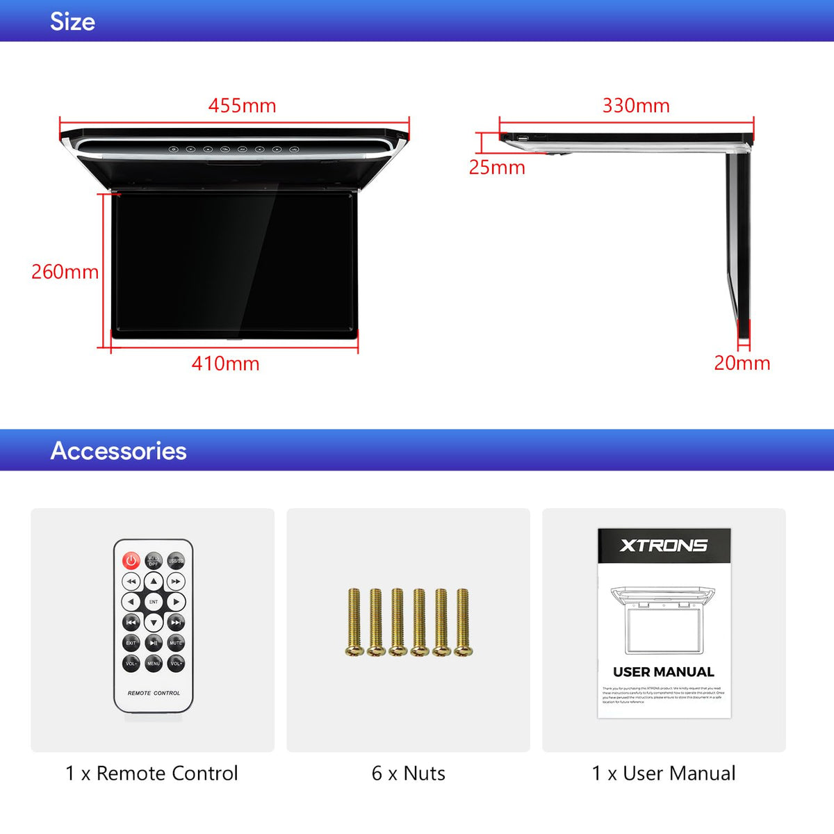 XTRONS roof-mounted monitor ideal for backseat viewing on the move.
