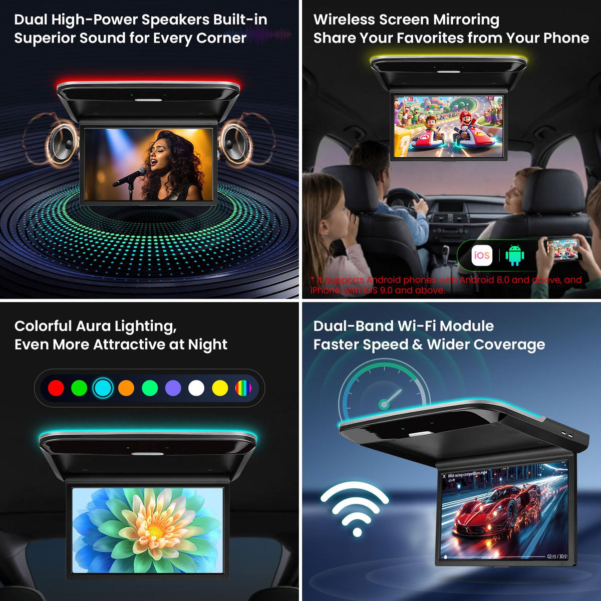 XTRONS wireless screen mirroring shares your phone screen with the rear passengers.