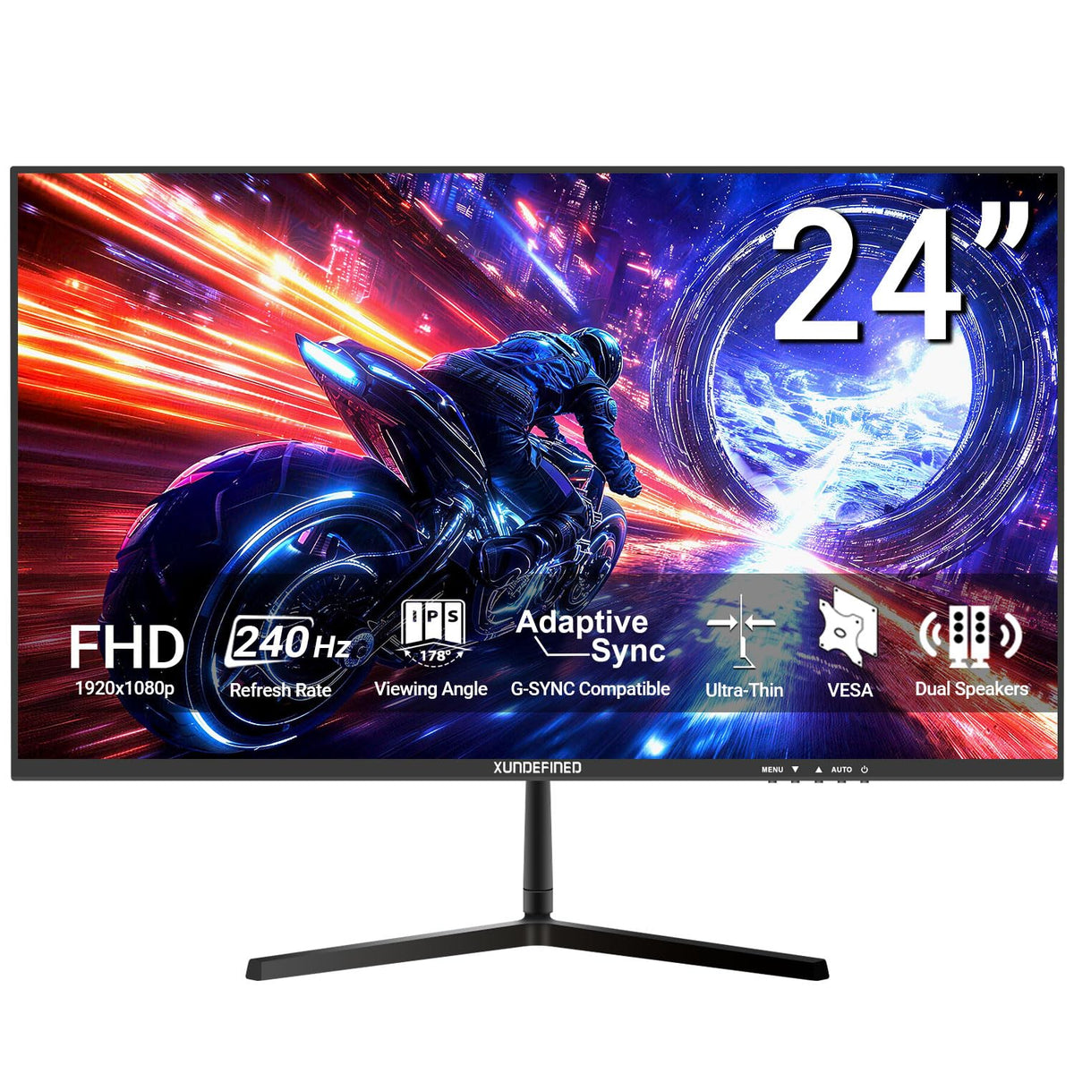 XUNDEFINED 24-inch monitor front view with frameless design for immersive gaming and streaming.
