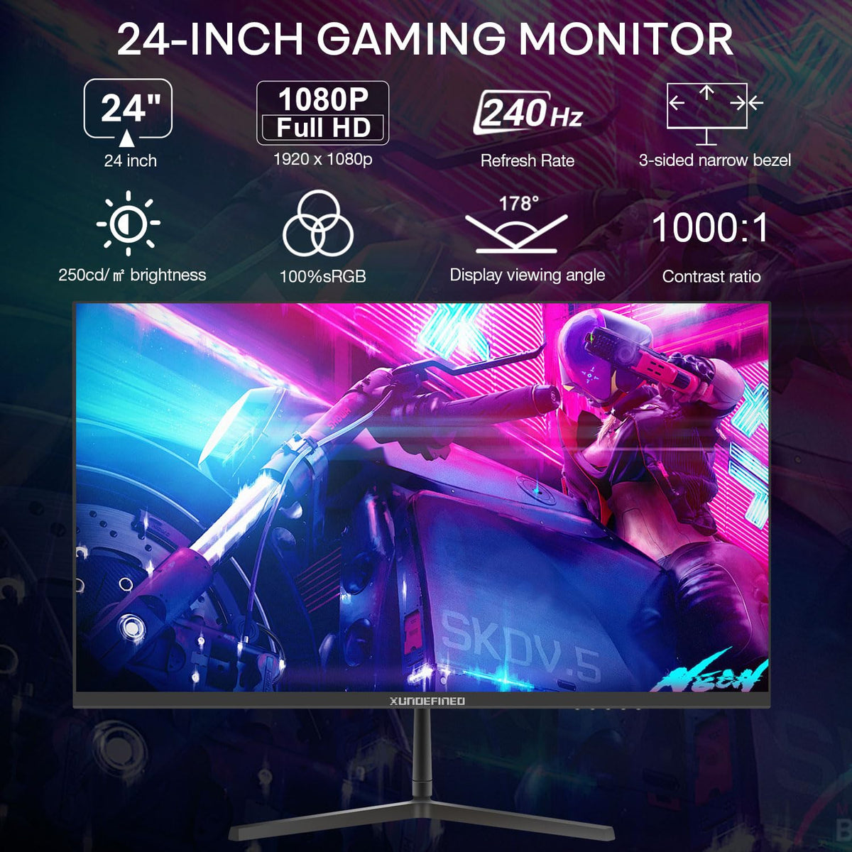 XUNDEFINED 24-inch monitor side tilt showing ergonomic adjustment for long sessions.