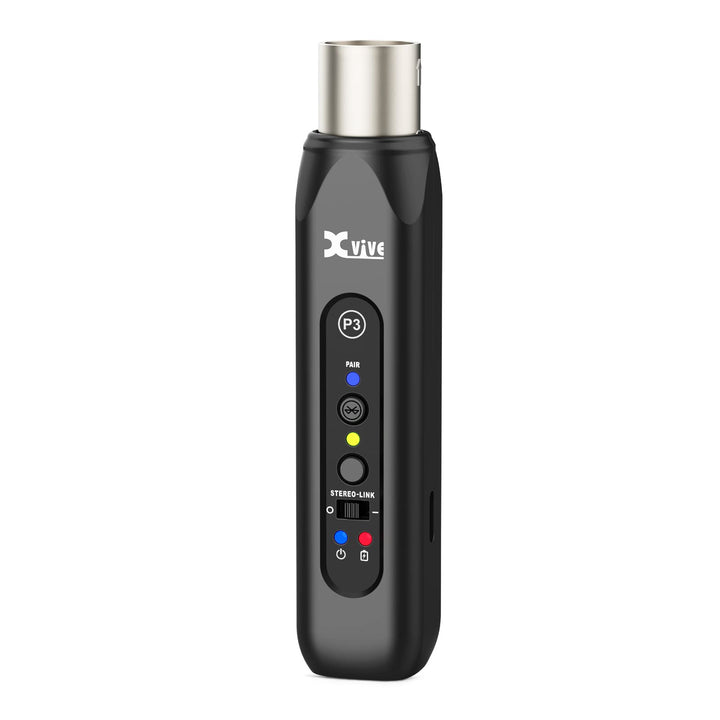 Xvive P3 front view plugged into XLR showing easy pro audio connection benefit