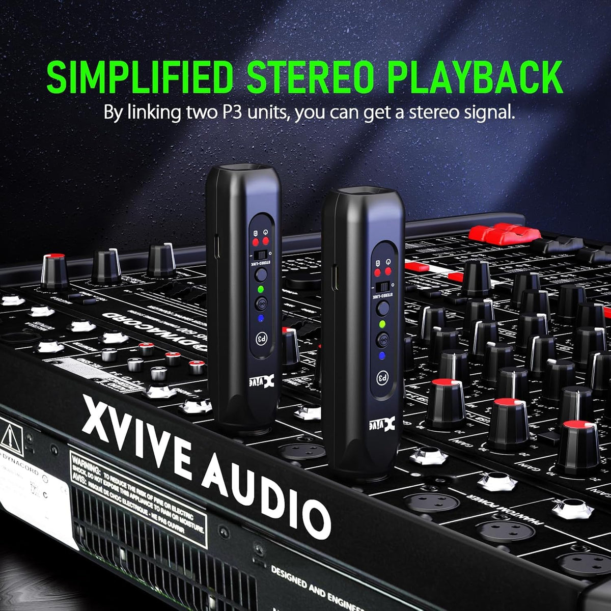 Xvive P3 in use on stage with powered speaker delivering wireless audio benefit