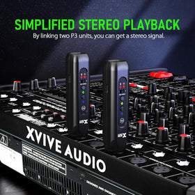 Xvive P3 in use on stage with powered speaker delivering wireless audio benefit