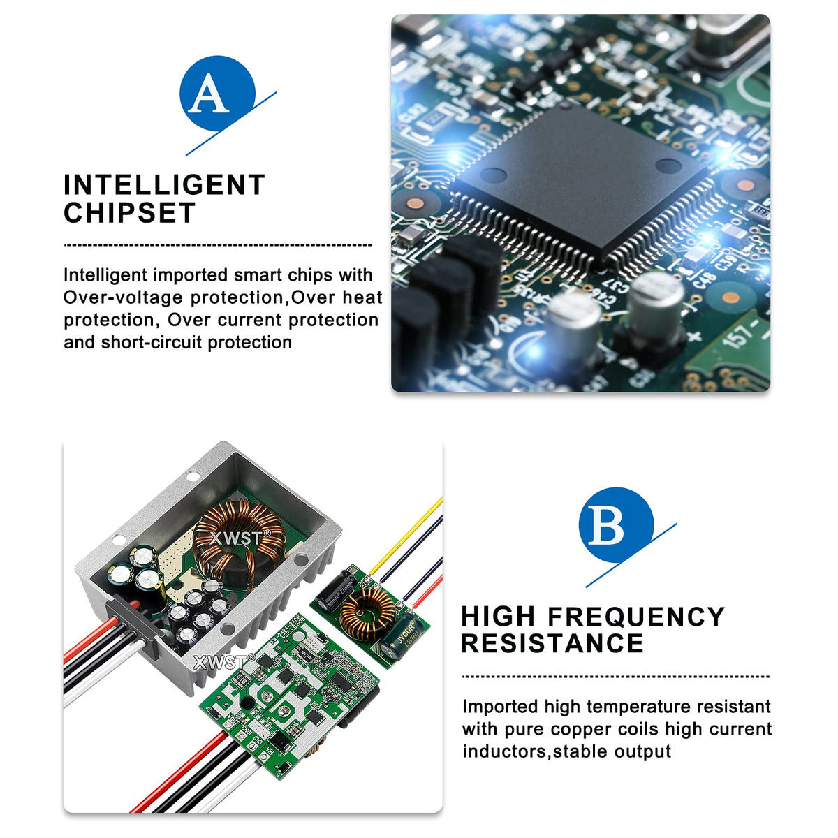XWST label and specs plate visible to confirm 9–36V input and 12V 10A 120W output