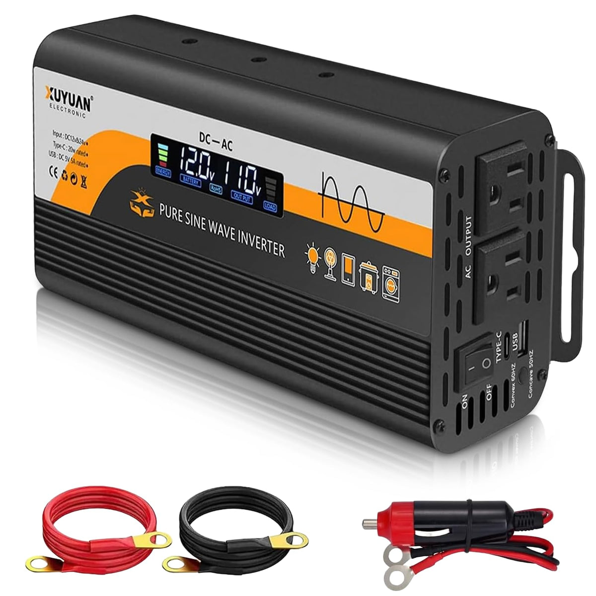 X XU YUAN 1000W inverter with LCD display showing voltage