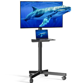 Xyndyx front view of mobile TV cart showing stable frame and mounted screen benefit mobility