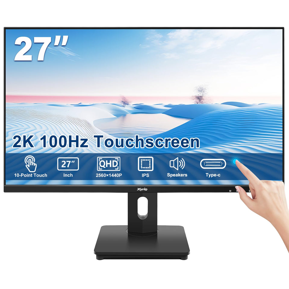 Xyrio 27-inch touch-screen monitor front view with 10-point touch for interactive tasks.