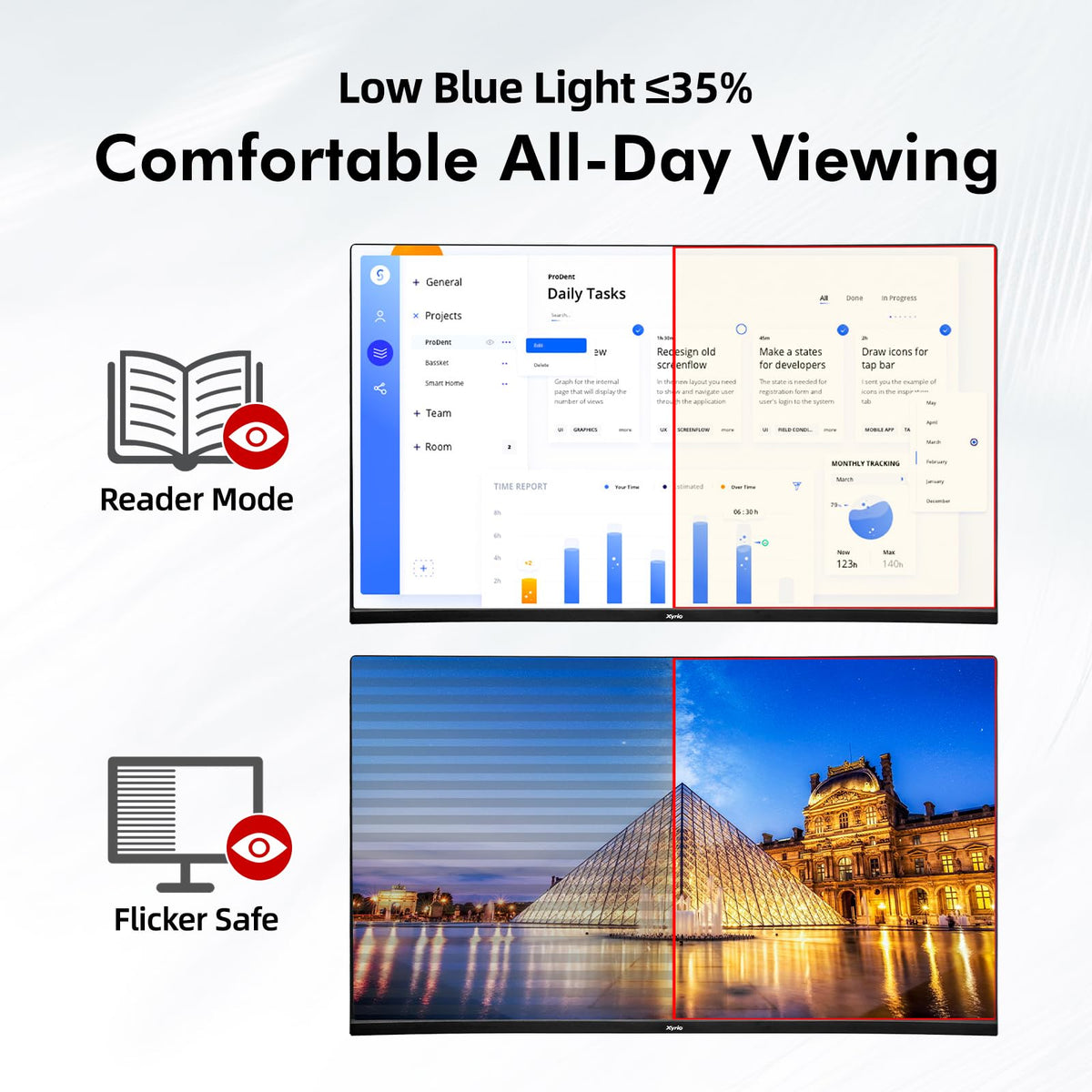 Xyrio 4K monitor color accuracy with 99 percent sRGB and 95 percent DCI-P3.