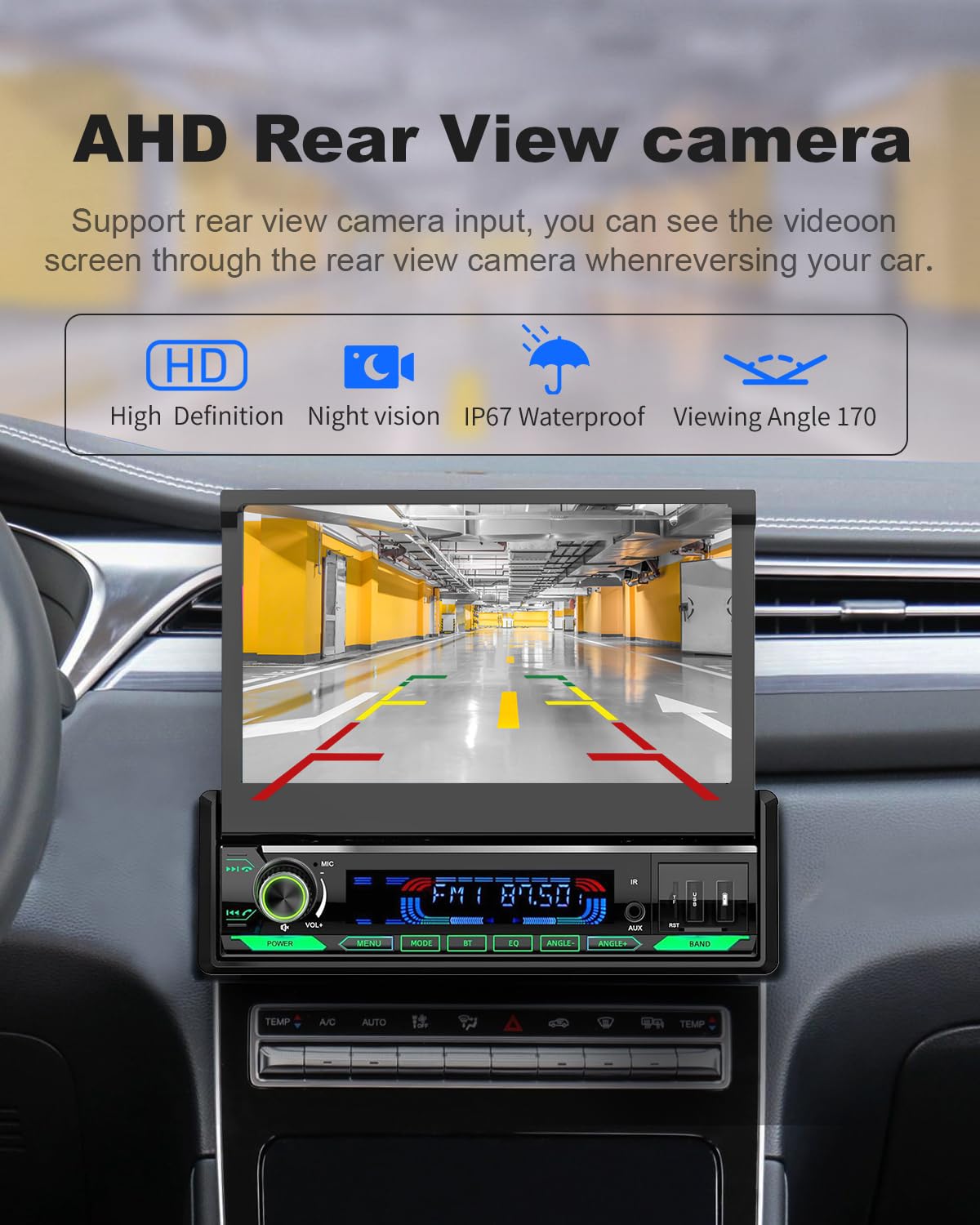 HD reversing camera helps parking with real time guidance.