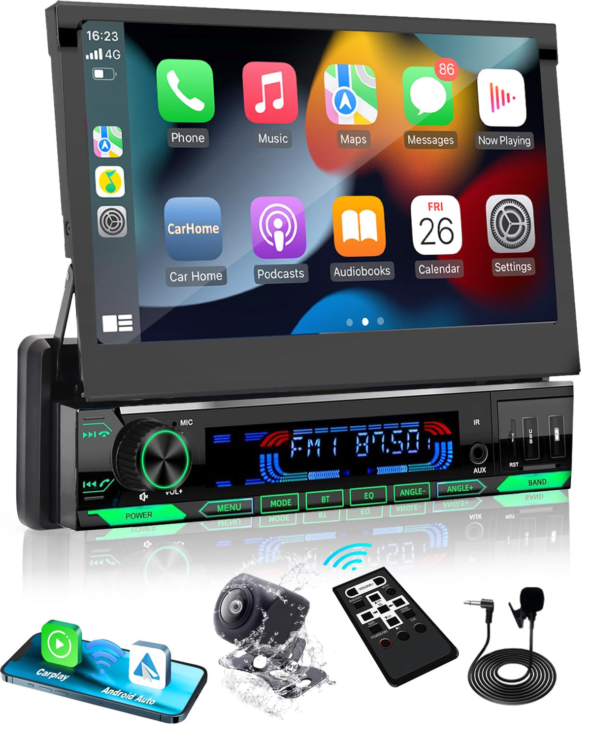 Y-METDRIVING motorized single din with flip out screen for CarPlay access.