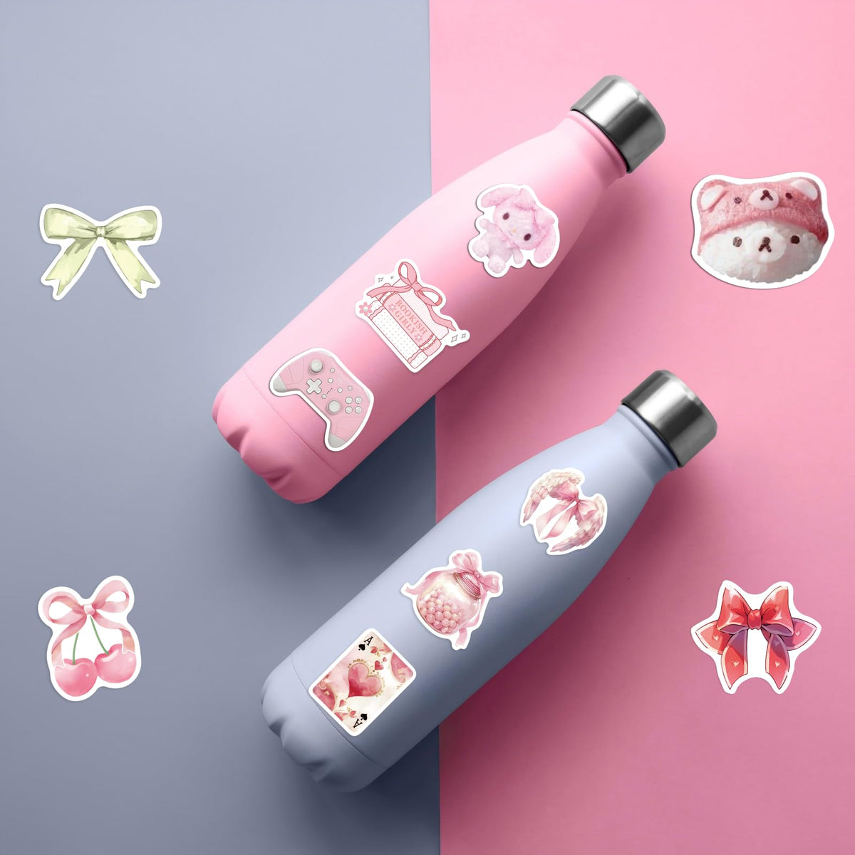 Yaamonn Coquette stickers decorate a skateboard or guitar for colorful flair.