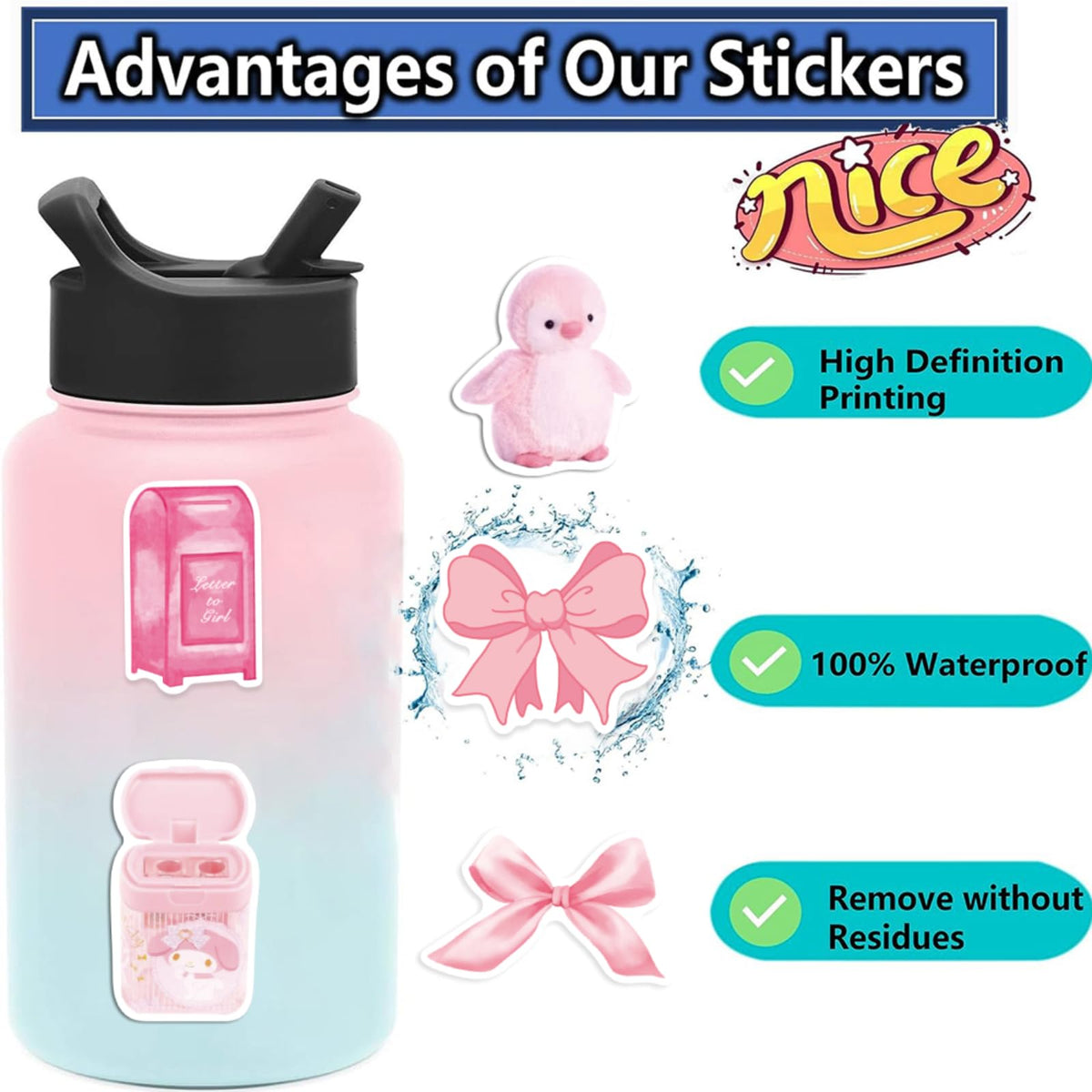 Yaamonn Coquette stickers on a water bottle add color and durable decor.